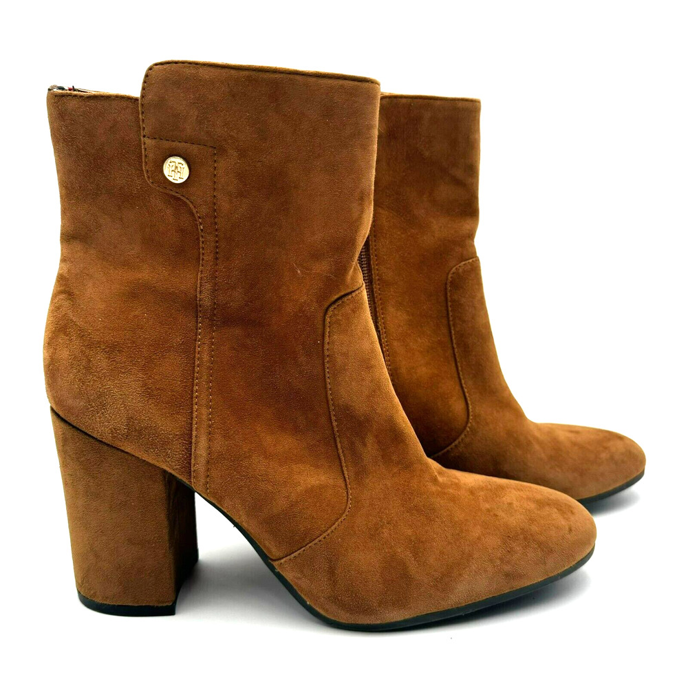 TOMMY HILFIGER Women's 8.5 Brown Suede Leather Chunky Block Heel Ankle Boots 90s